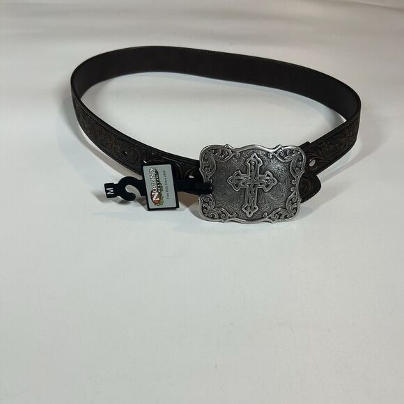 Nocona Leather Belt With Buckle Brown Embossed Cross Men’s Medium - Picture 1 of 8